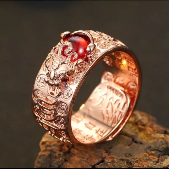 Rose gold titanium Chinese luck symbols dragon and red glass adjustable ring new - Picture 1 of 6